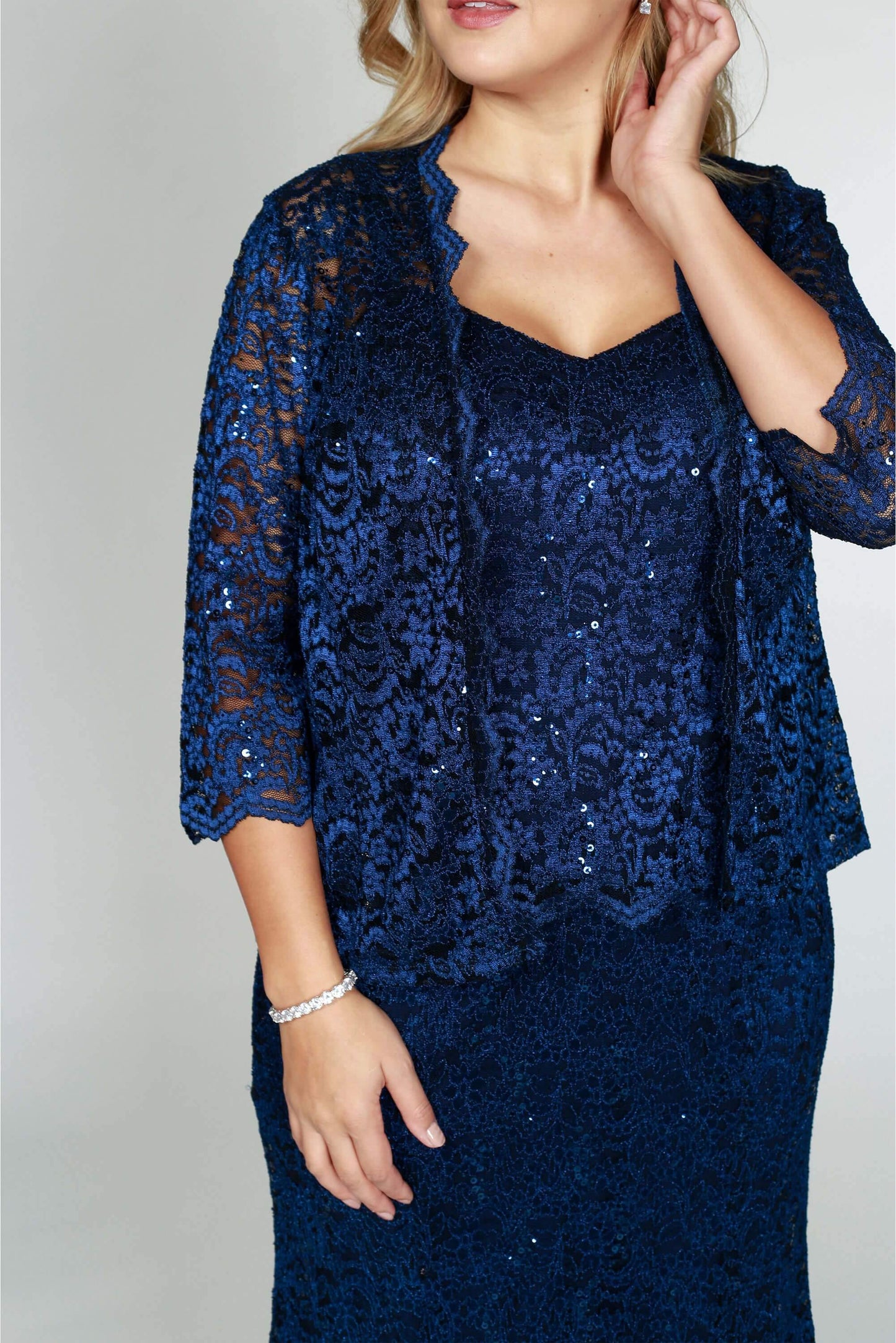 R&M Richards Long Plus Size Formal Lace Dress Navy - The Dress Outlet R&M Richards