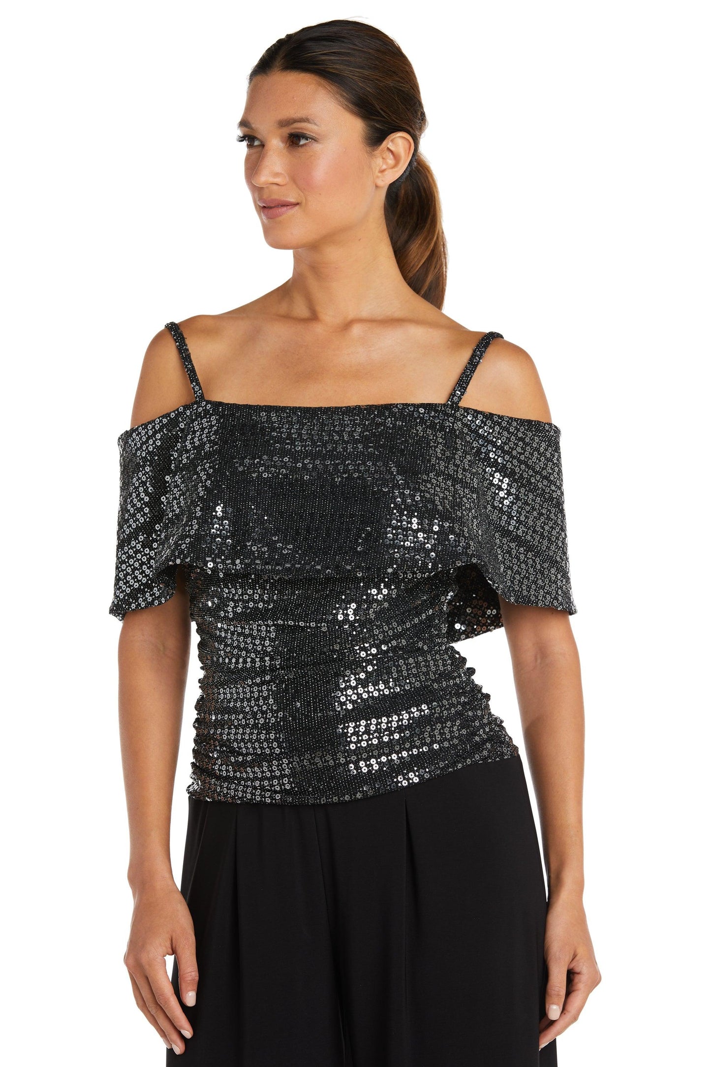 R&M Richards Off Shoulder Metallic Jumpsuit 9132 - The Dress Outlet