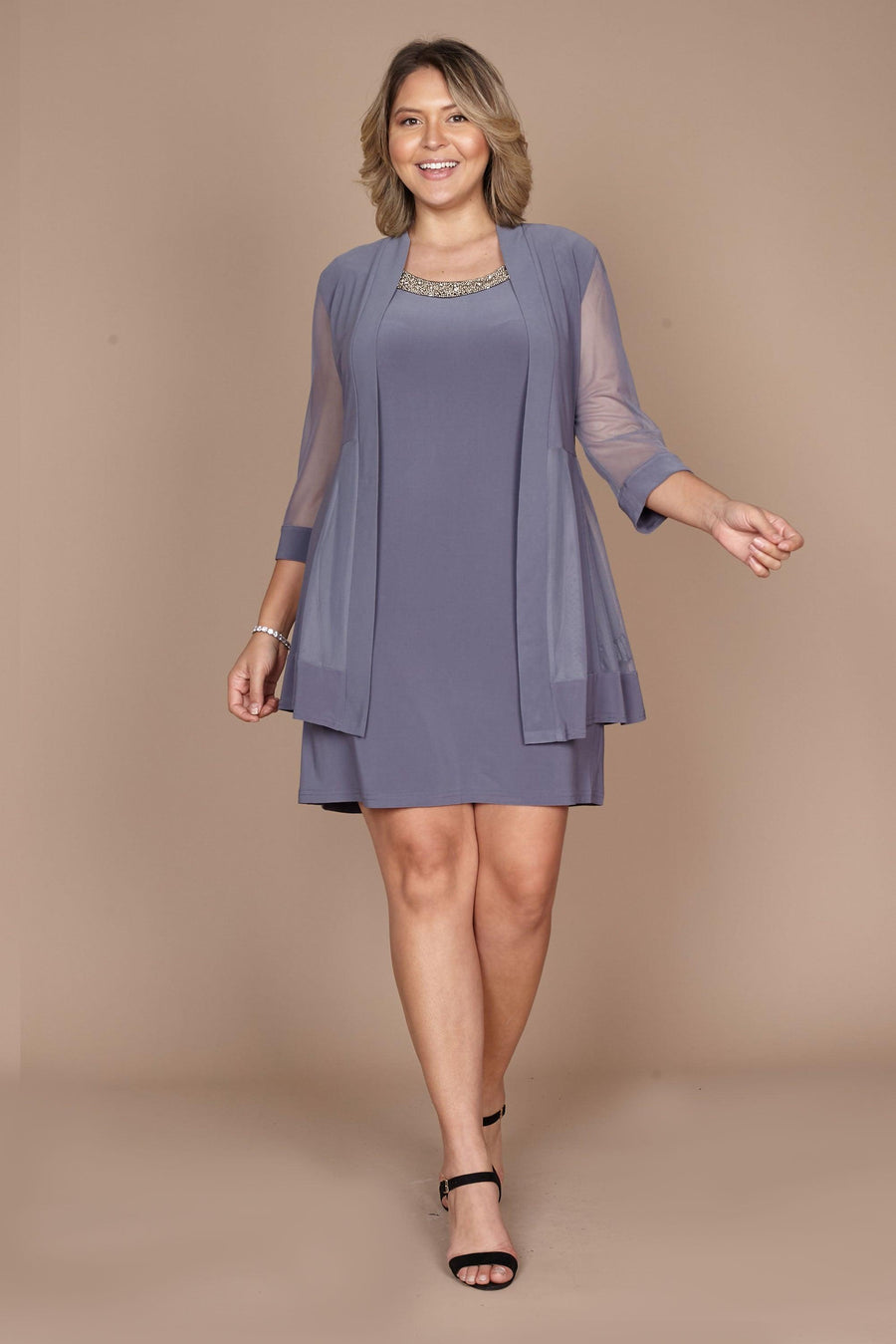 Mother of the Bride Dresses Short Beaded Petite Jacket Dress Charcoal