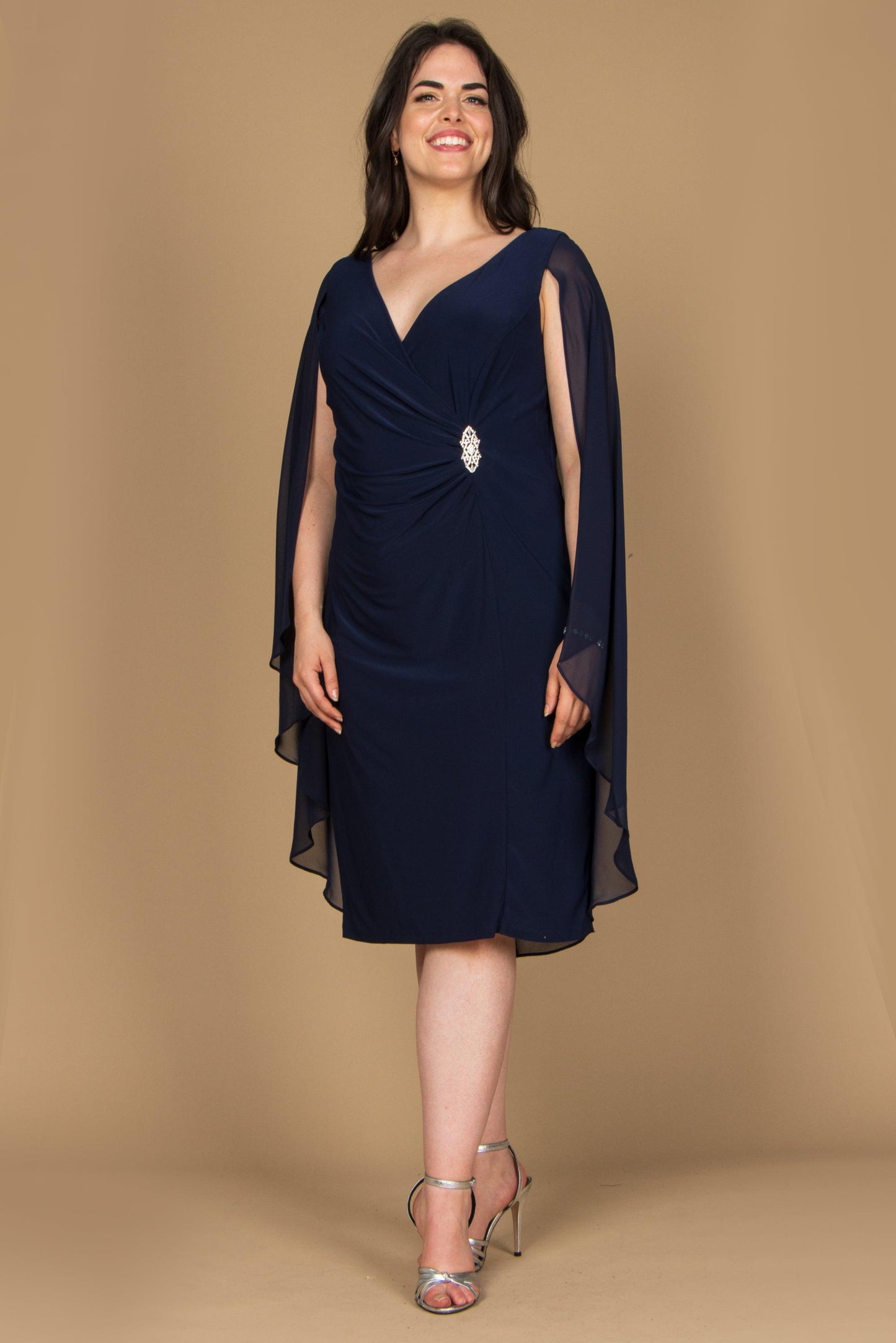 R&M Richards Short Petite Chiffon Cape Dress 5806P - The Dress Outlet