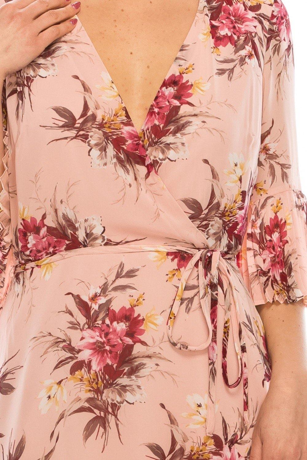 Sandra Darren Floral Printed Midi Faux Wrap Dress - The Dress Outlet
