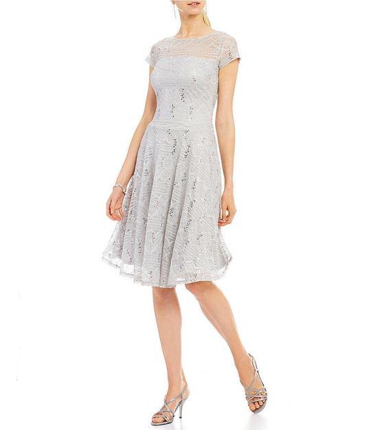 Sangria Short Sleeve Embellished Flutter Mesh Dress - The Dress Outlet