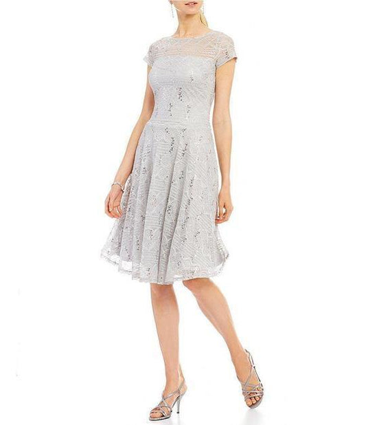 Sangria Short Sleeve Embellished Flutter Mesh Dress - The Dress Outlet