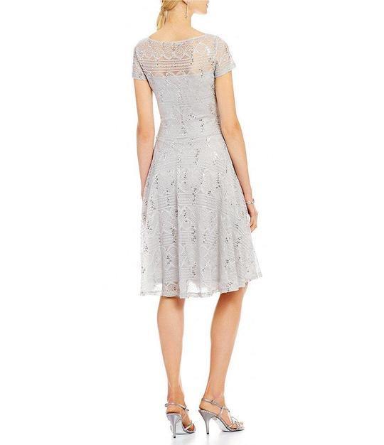 Sangria Short Sleeve Embellished Flutter Mesh Dress - The Dress Outlet