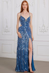 Prom Dresses Beaded Slit Long Formal Sequin Prom Dress Sapphire
