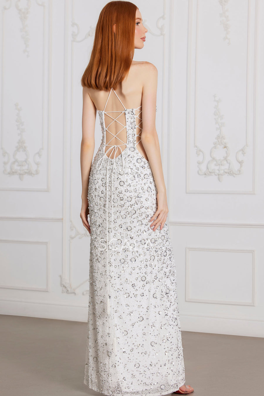 Prom Dresses Fitted Evening Long Formal Sequin Prom Dress Ivory Silver