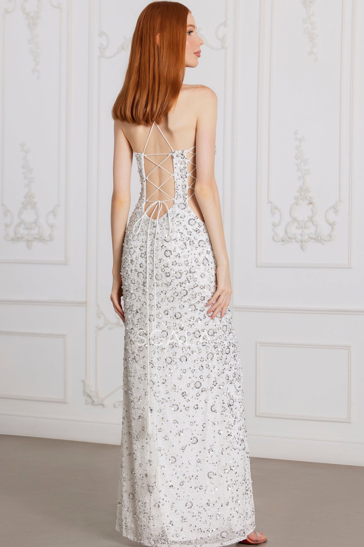 Prom Dresses Fitted Evening Long Formal Sequin Prom Dress Ivory Silver