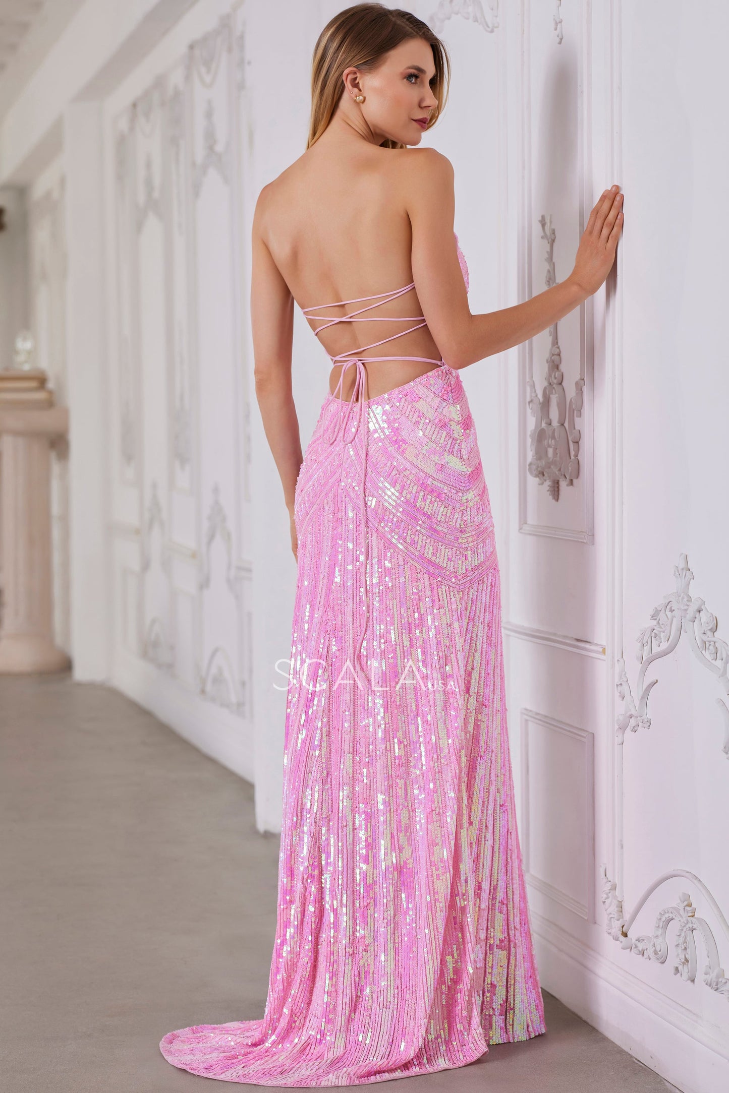 Prom Dresses Formal Sequin Long Beaded Evening Prom Dress Baby Pink