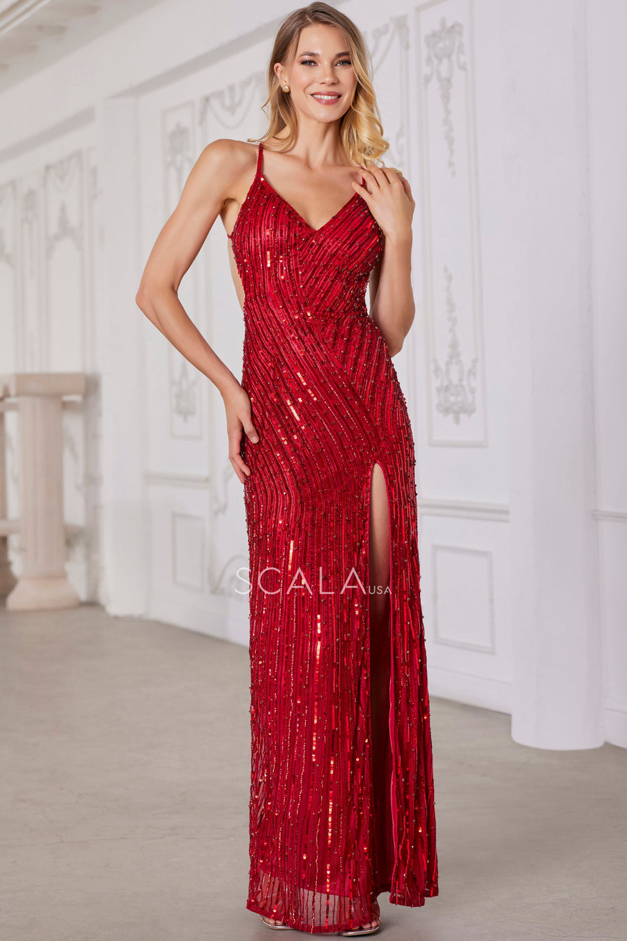 Prom Dresses Prom Long Fitted Slit Sequined Formal Dress  Red