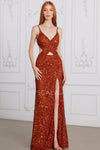 Prom Dresses Formal Long Fitted Slit Sequined Prom Dress Rust
