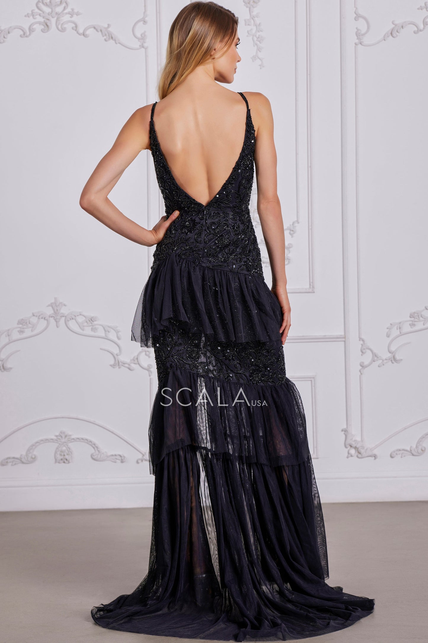 Prom Dresses Prom Long Beaded Lace Applique Ruffle Formal Dress Black