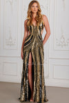 Prom Dresses Prom Fitted Long Formal Striped Sequin Evening Dress Black Gold