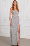Prom Dresses Formal Long Fitted Slit Sequined Prom Dress Silver