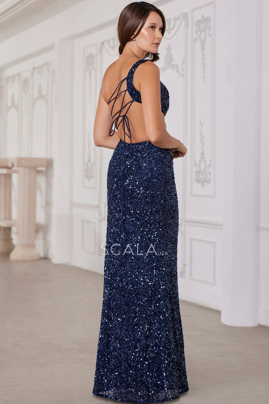 Prom Dresses Prom Sequin Fitted Long Formal Slit Dress Navy