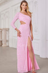 Prom Dresses Fitted Slit Sequin Prom Long Formal Evening Dress Baby Pink