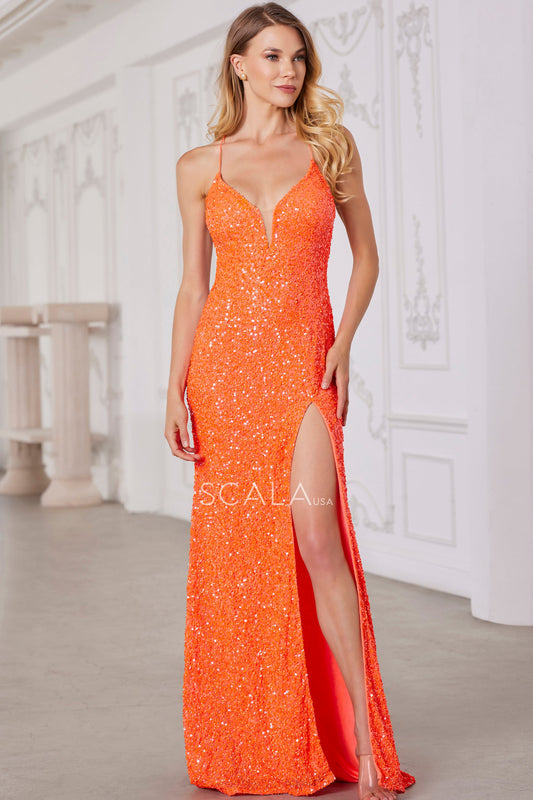 Prom Dresses Fitted Prom Long Formal Slit Sequined Prom Dress Orange