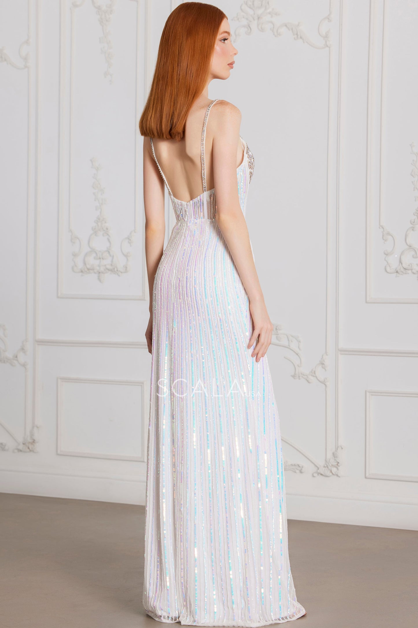 Prom Dresses Long Sequin Formal Beaded Slit Prom Dress White