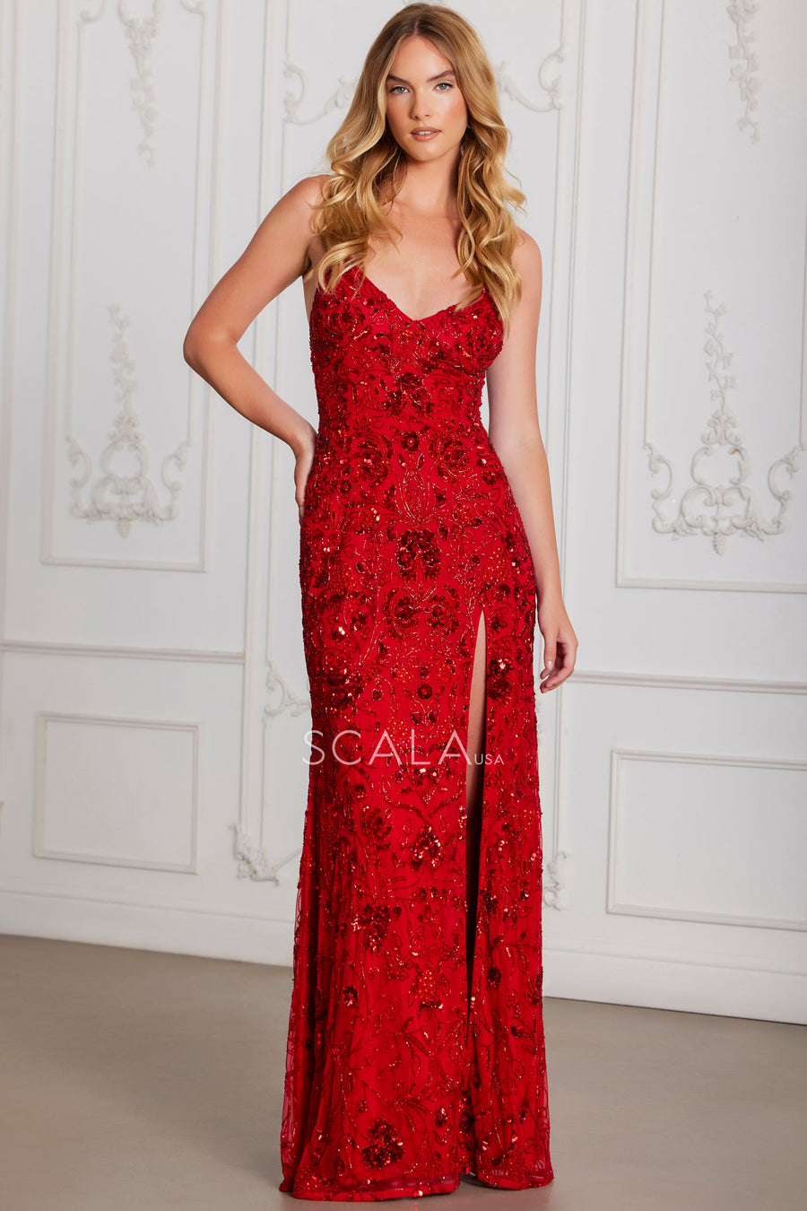 Prom Dresses Long Formal Beaded Sequin Evening Dress Red