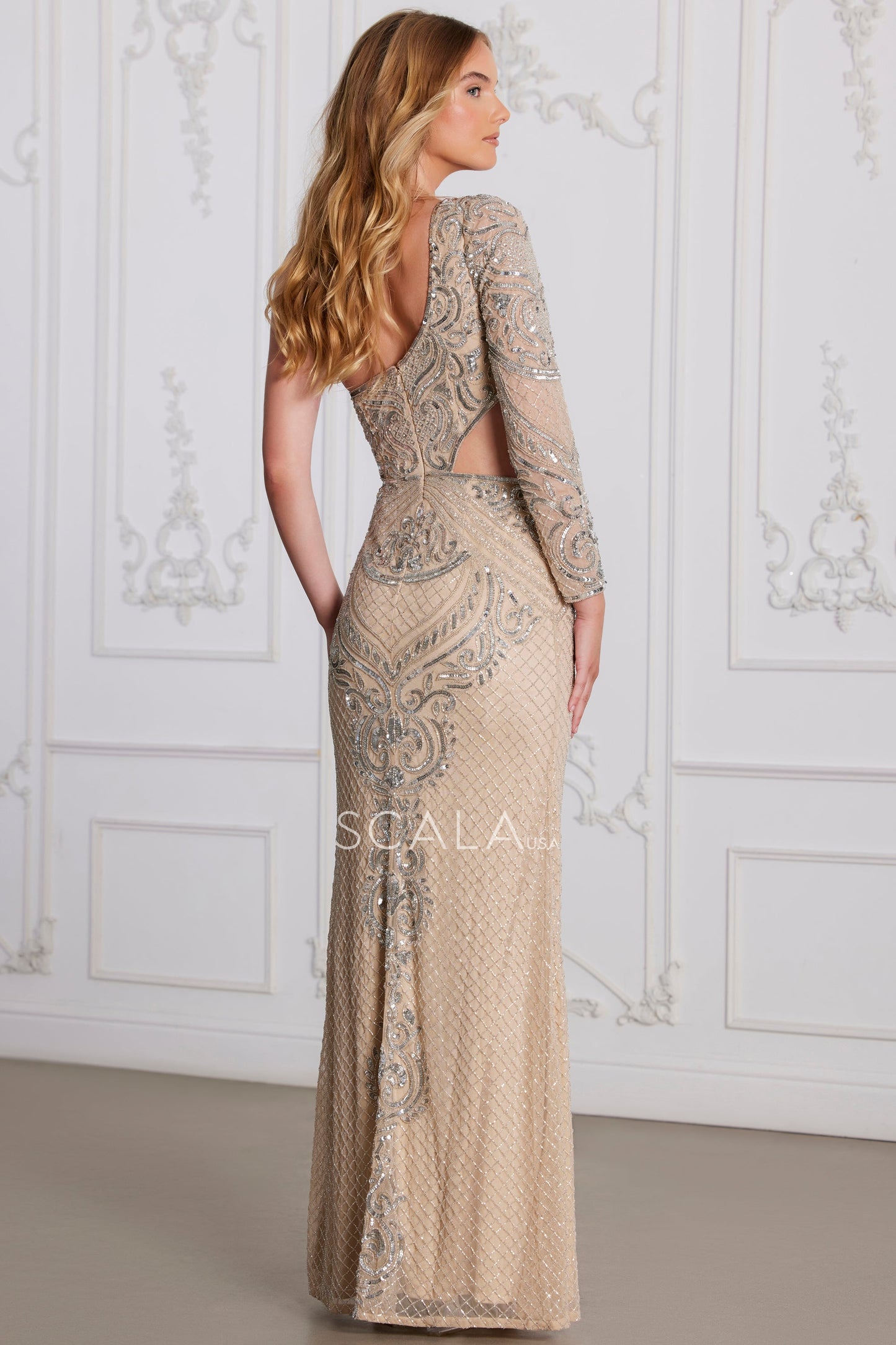 Prom Dresses Fitted Formal Beaded Long Evening Prom Dress Nude Silver