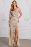 Prom Dresses Fitted Formal Beaded Long Evening Prom Dress Nude Silver