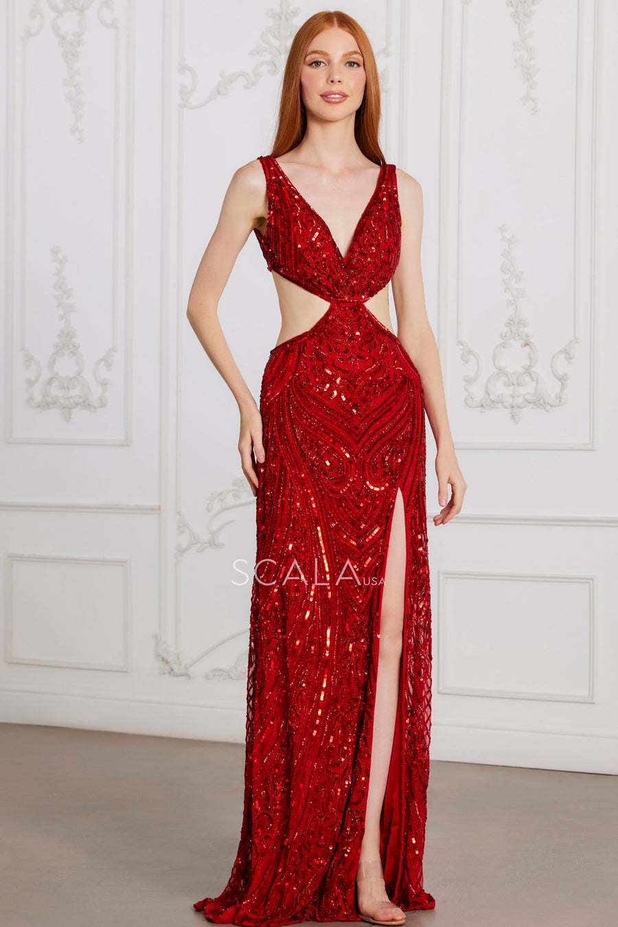 Prom Dresses Slit Long Formal Sequin Prom Dress Red