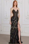 Prom Dresses Long Sequin Formal Beaded Slit Prom Dress Black Gold