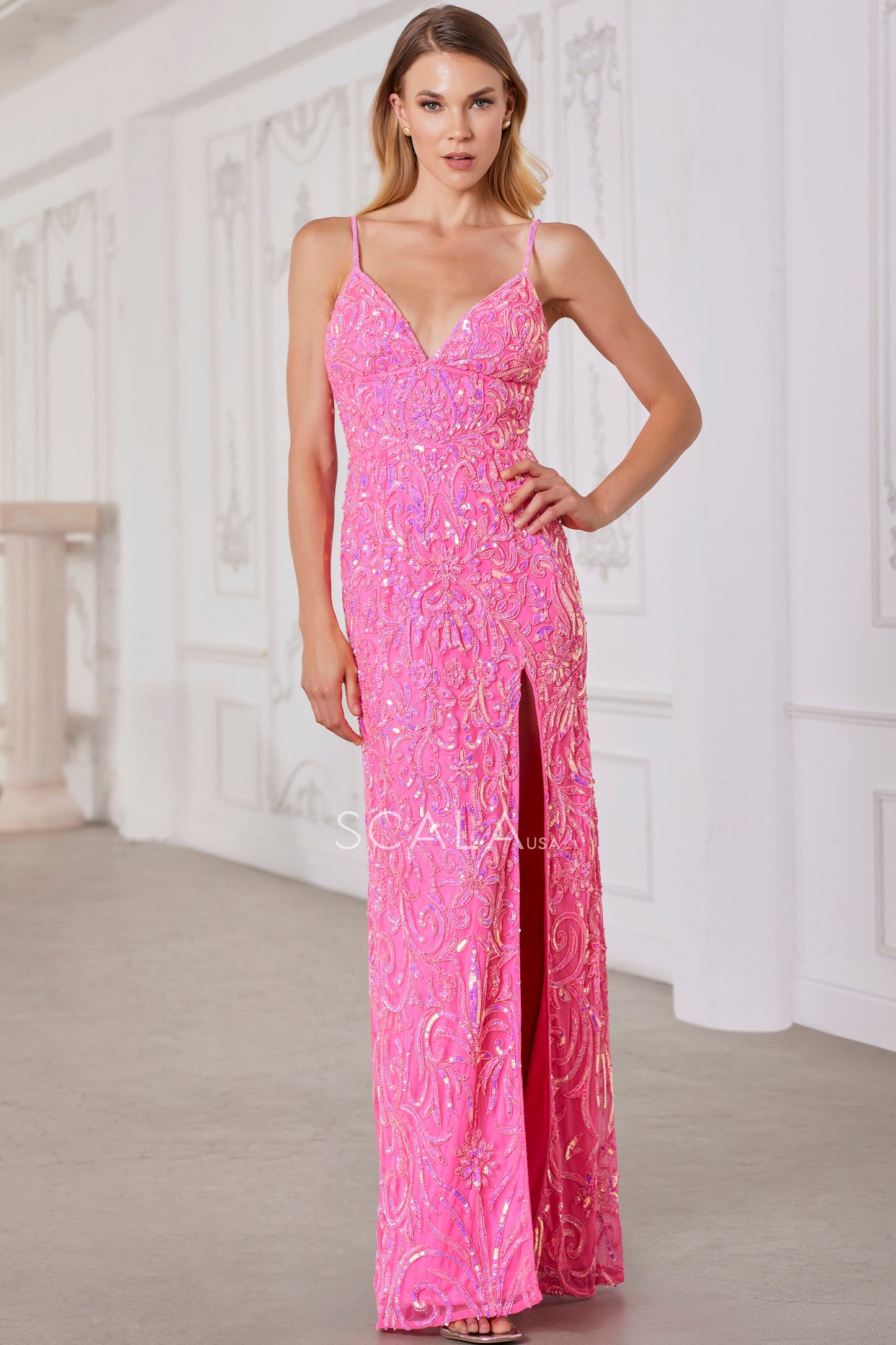 Prom Dresses Beaded Prom Long Formal Sequin Evening Dress Shiny Fuchsia