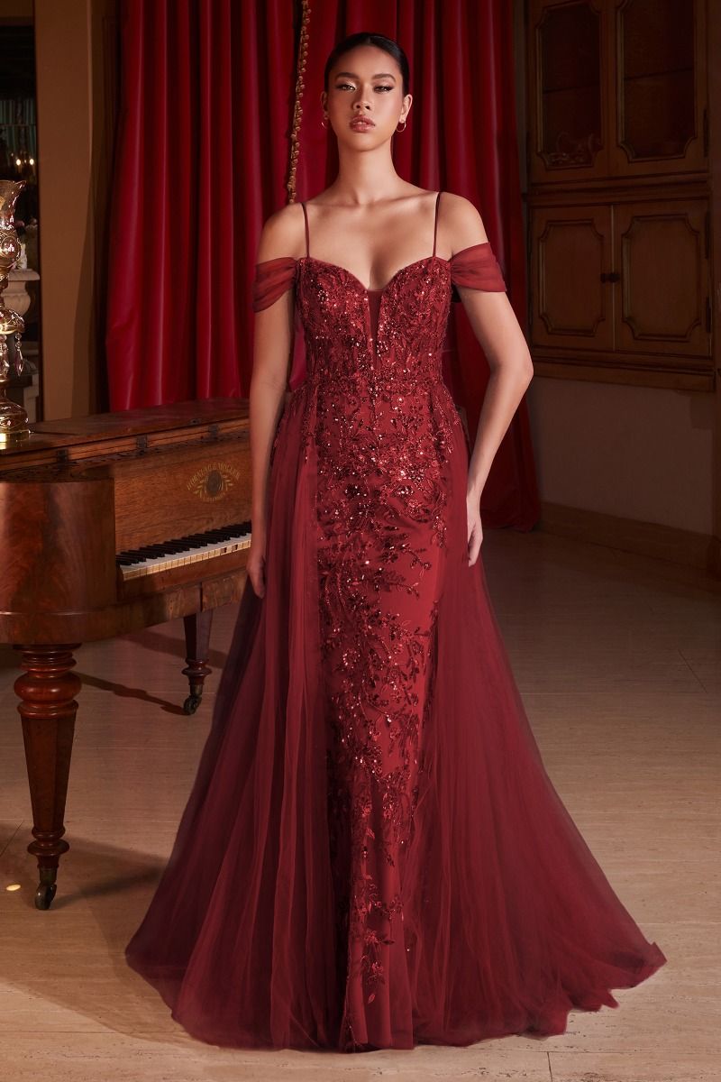 Prom Dresses Fitted Long Formal Sequin Overskirt Prom Gown Burgundy