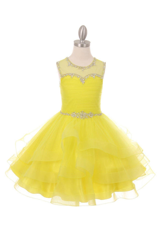 Short Beaded Illusion Neckline Flower Girl Dress Sale - The Dress Outlet