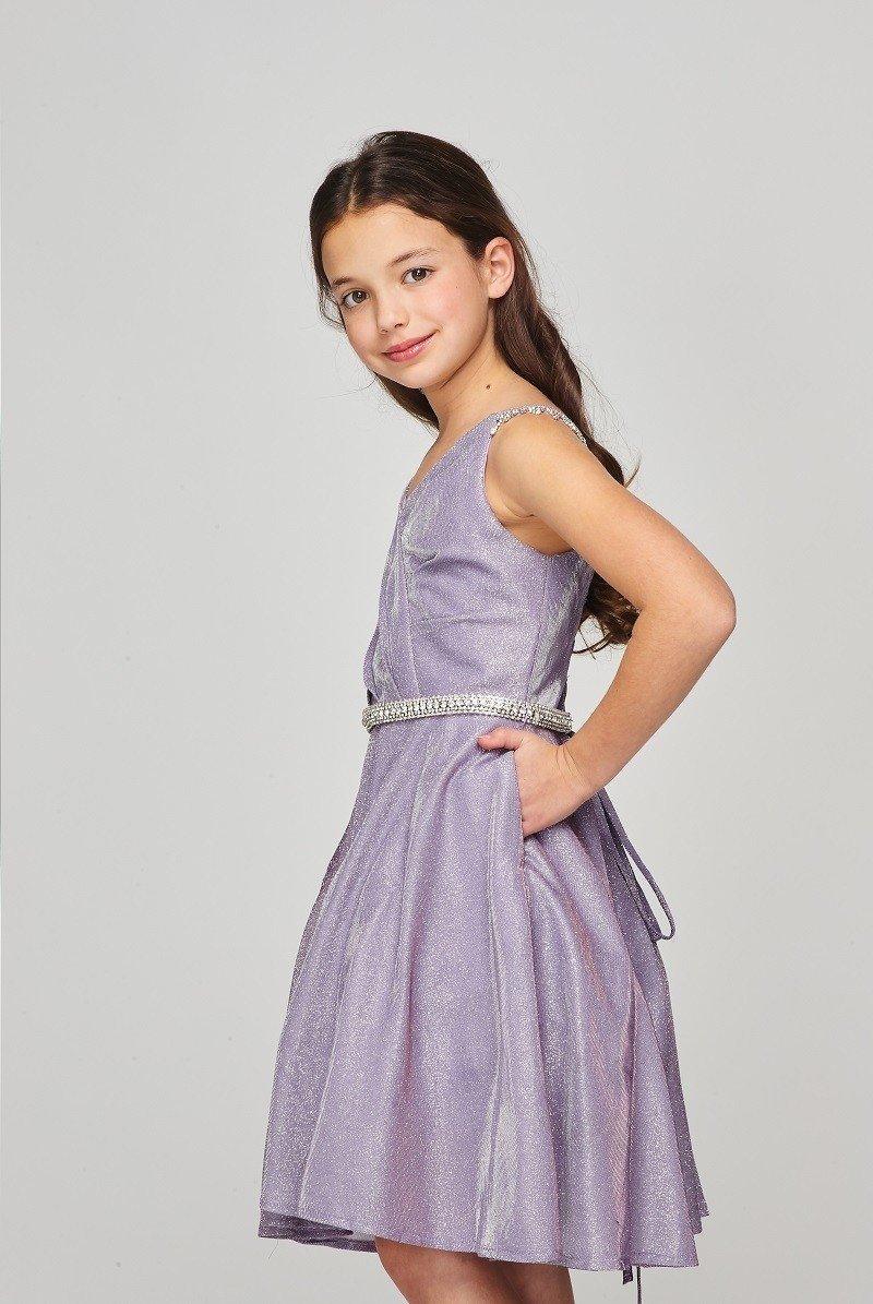 Short Beaded Metallic Flower Girl  Dress - The Dress Outlet