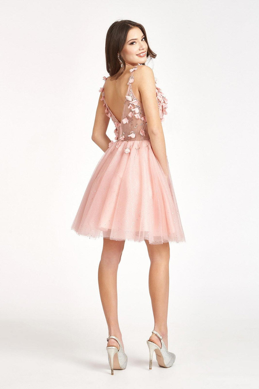 Short Cocktail Glitter Mesh Floral Homecoming Dress - The Dress Outlet