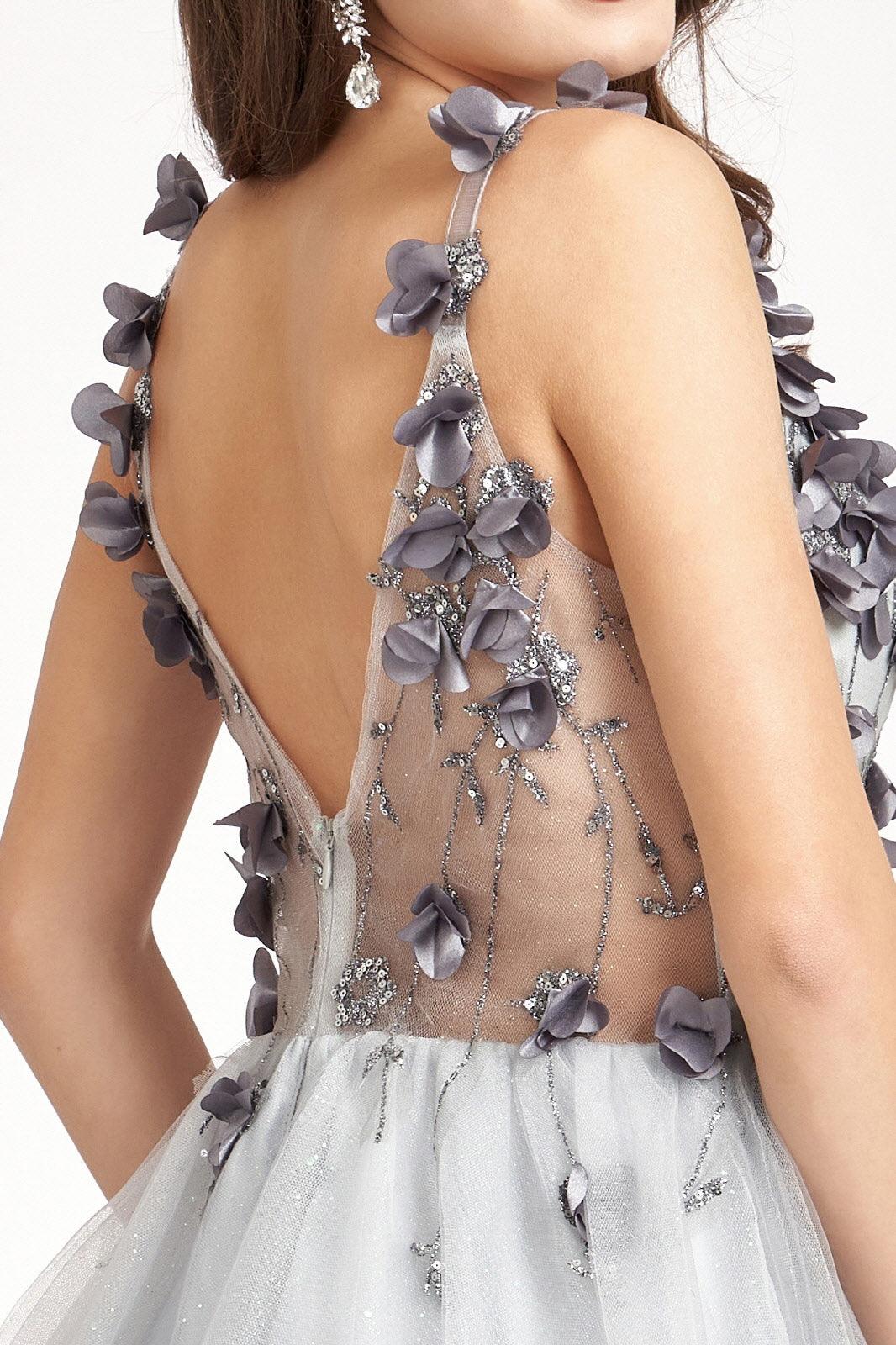 Short Cocktail Glitter Mesh Floral Homecoming Dress - The Dress Outlet