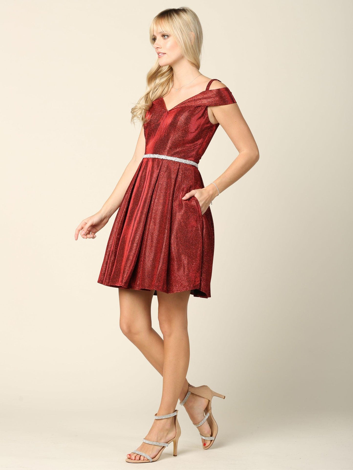 Short Cocktail Off Shoulder Glitter Prom Dress - The Dress Outlet