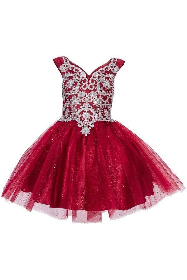 Short Metallic Lace Applique Flower Girl Dress - The Dress Outlet