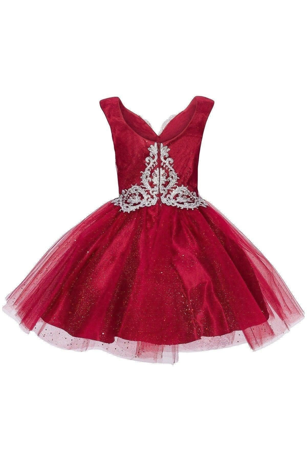 Short Metallic Lace Applique Flower Girl Dress - The Dress Outlet