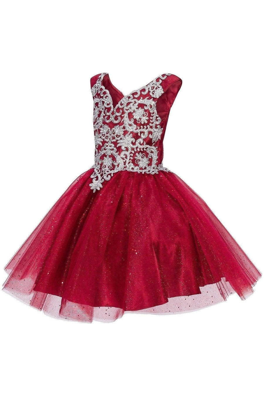 Short Metallic Lace Applique Flower Girl Dress - The Dress Outlet