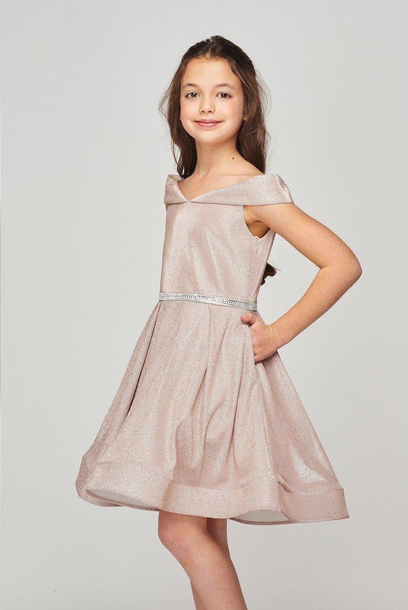 Short Metallic Off Shoulder Flower Girl  Dress - The Dress Outlet