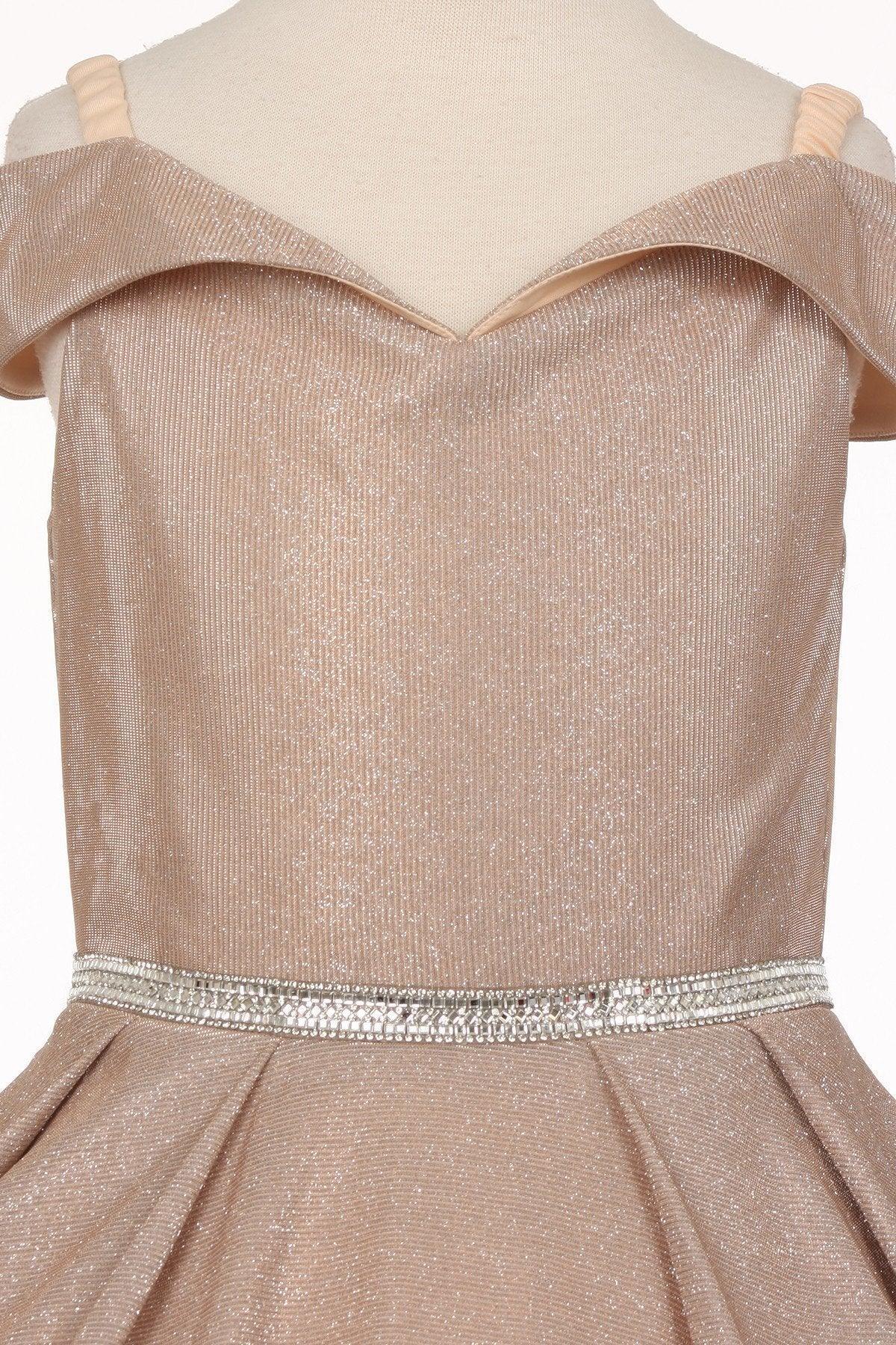 Short Metallic Off Shoulder Flower Girl  Dress - The Dress Outlet