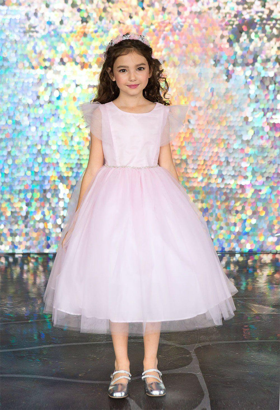 Short Ruffle Sleeves Beaded Flower Girl Dress - The Dress Outlet