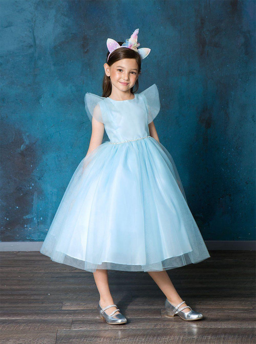 Short Ruffle Sleeves Beaded Flower Girl Dress - The Dress Outlet