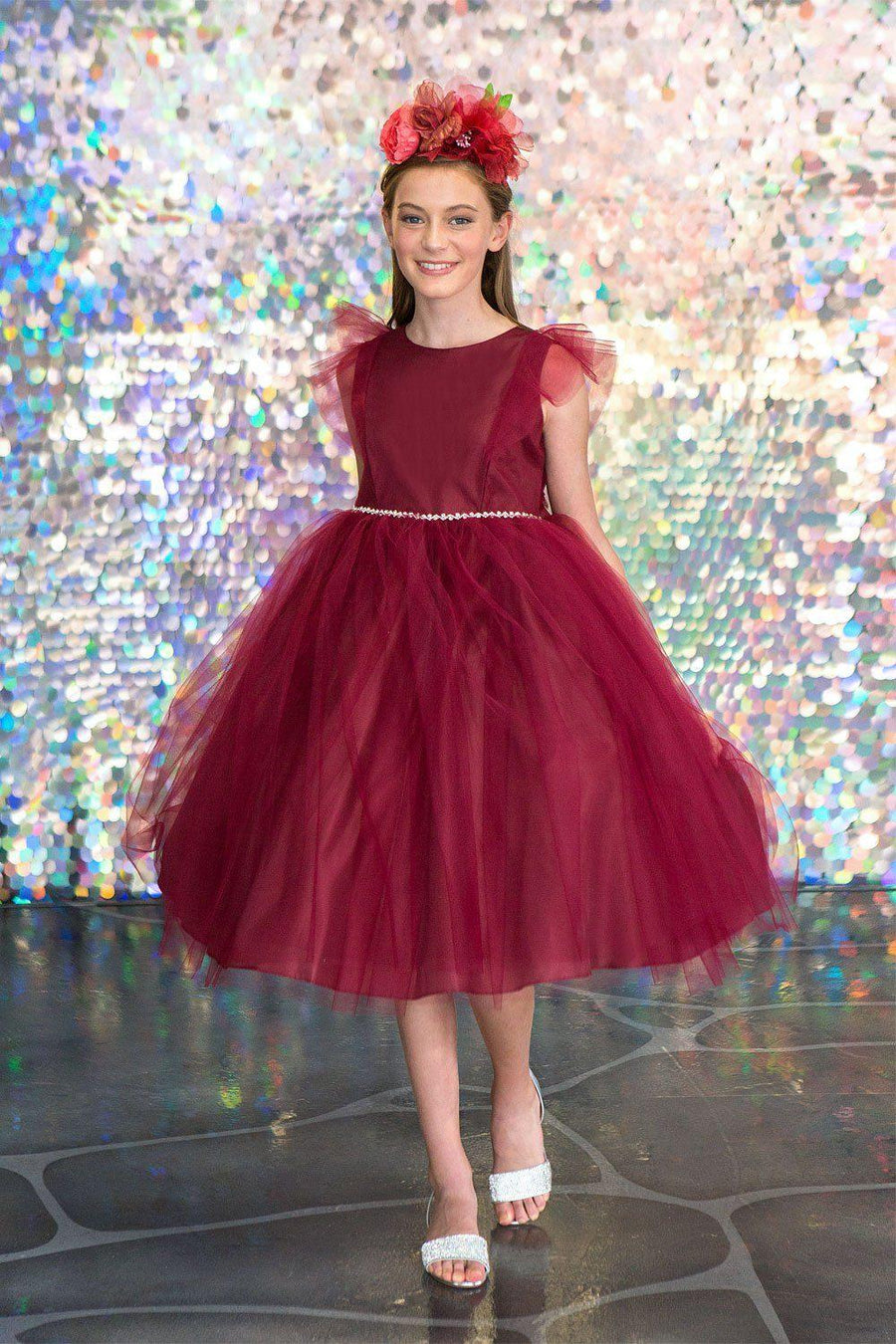 Short Ruffle Sleeves Beaded Flower Girl Dress - The Dress Outlet