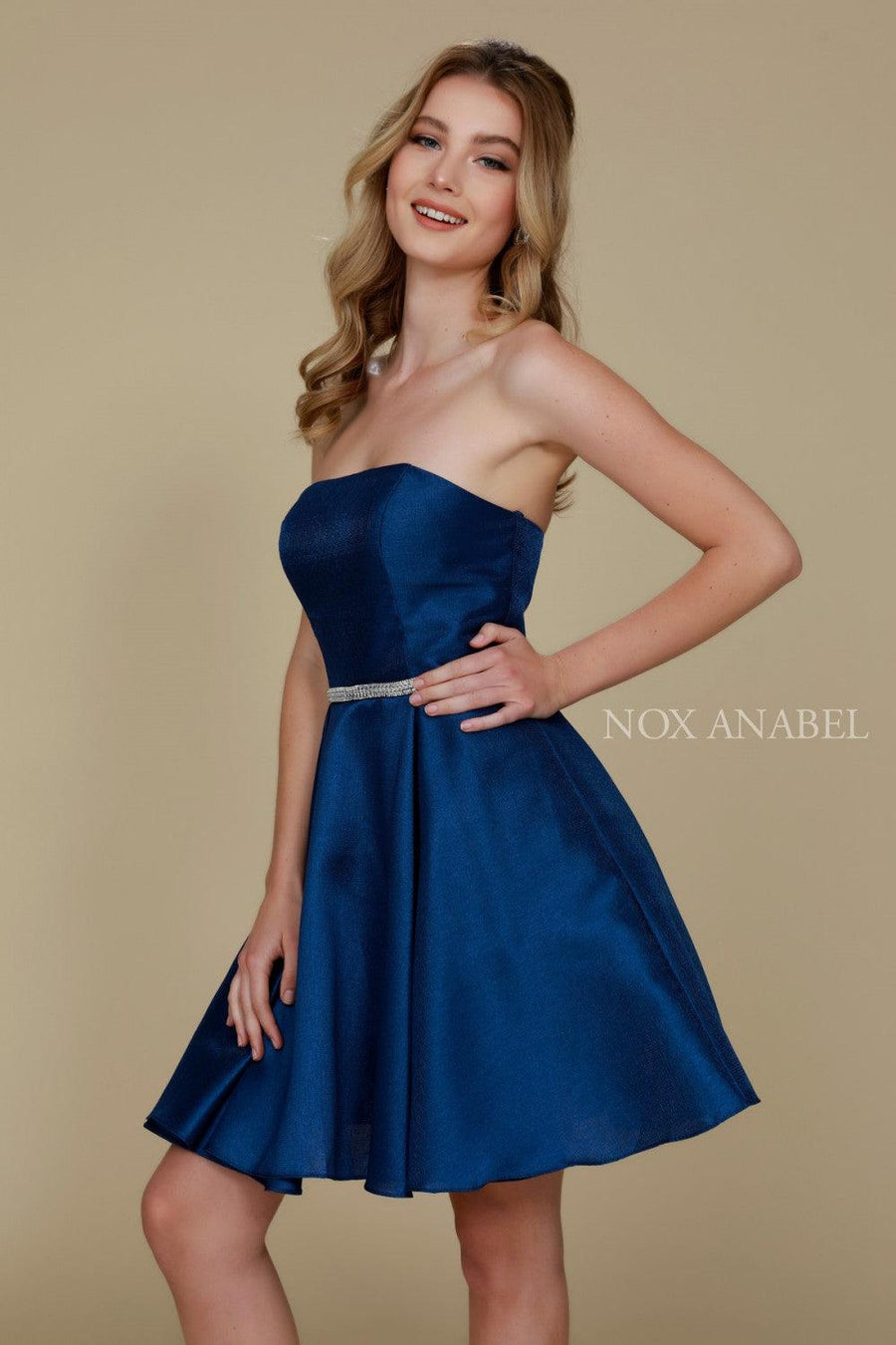 Short Satin Formal Prom Homecoming Dress with Pockets - The Dress Outlet Nox Anabel
