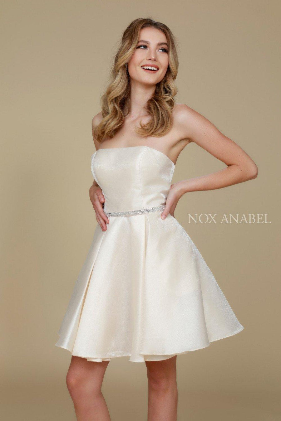 Short Satin Formal Prom Homecoming Dress with Pockets - The Dress Outlet Nox Anabel