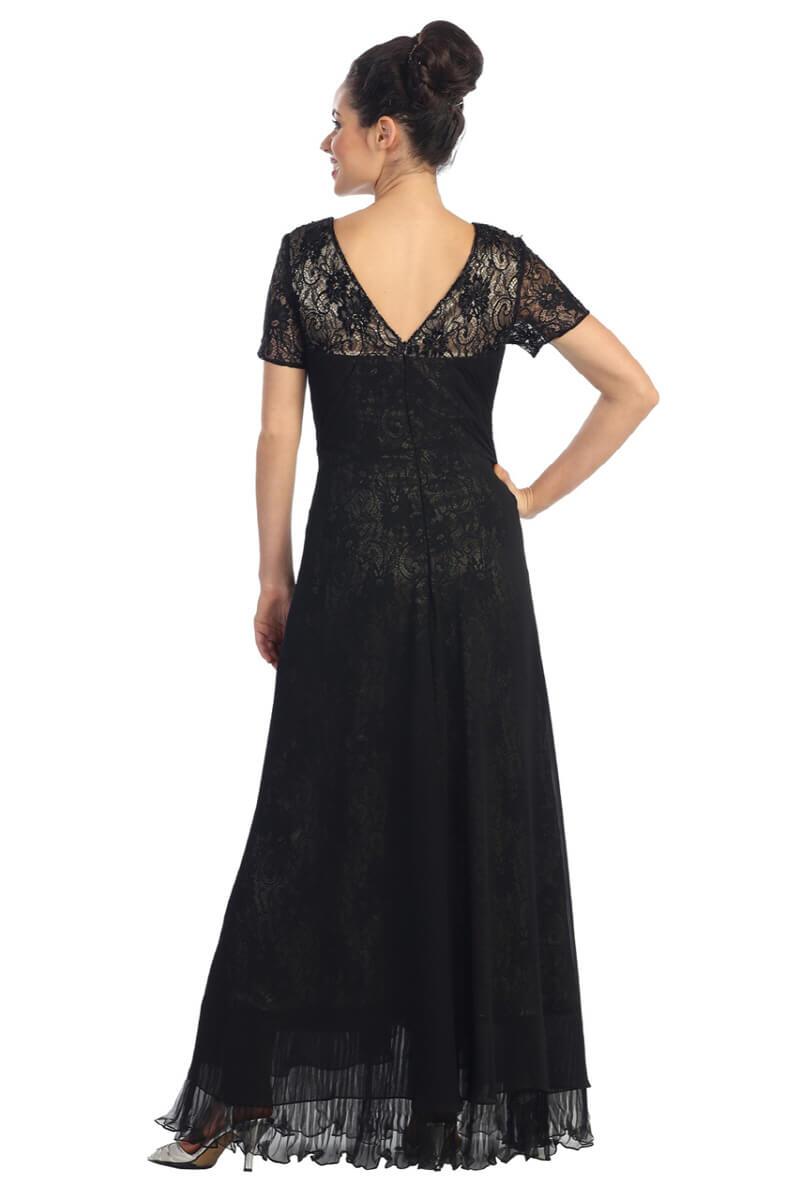 Short Sleeve Lace Embellished V-Neck Long Dress - The Dress Outlet Elizabeth K