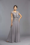 Short Sleeved Beaded A-Line Long Formal Dress Gray - The Dress Outlet ASpeed