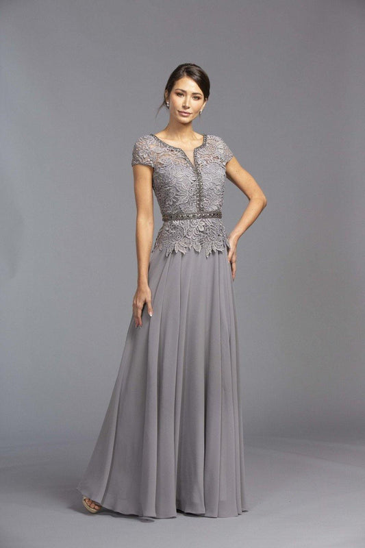 Short Sleeved Beaded A-Line Long Formal Dress Gray - The Dress Outlet ASpeed