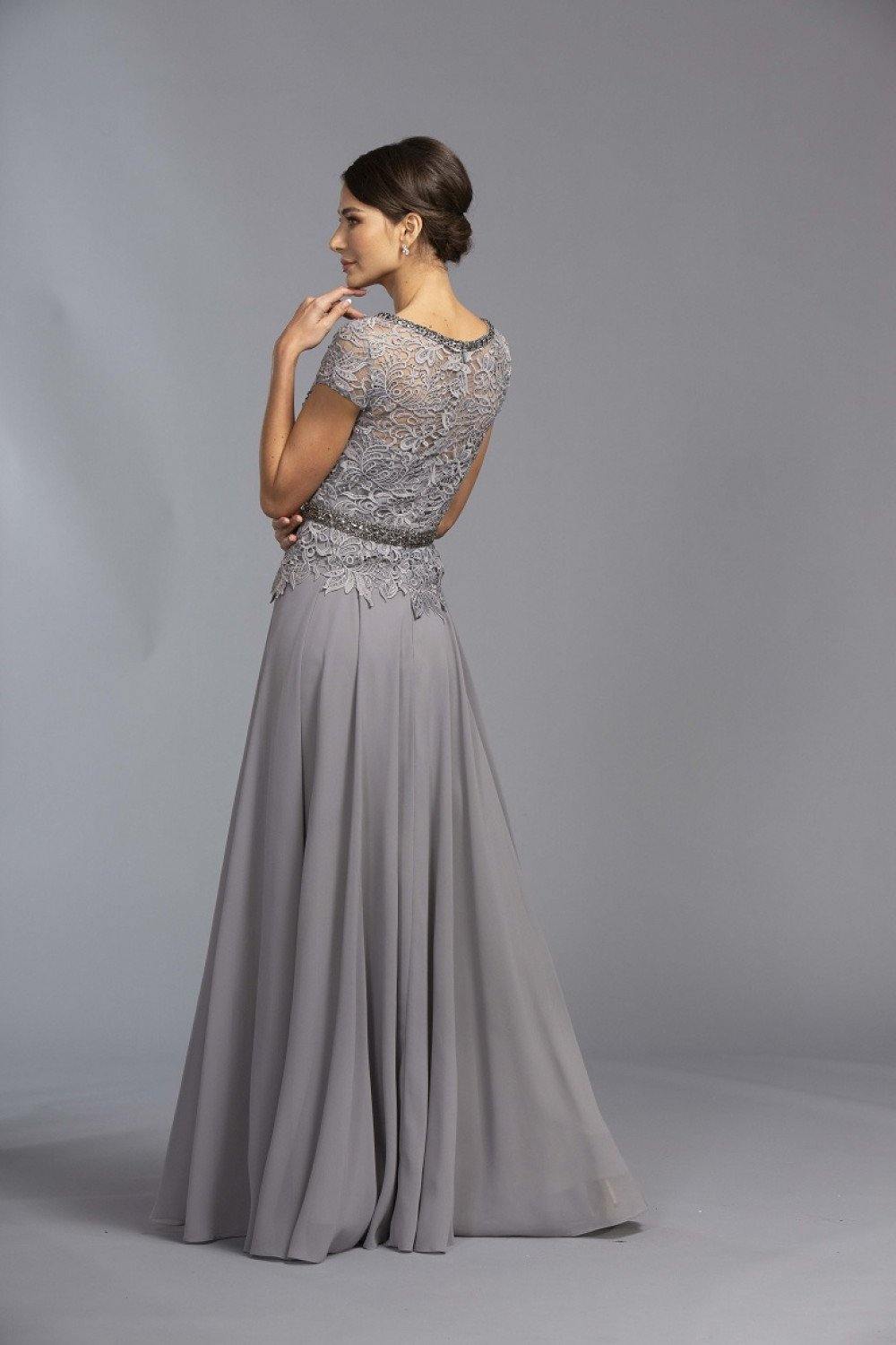 Short Sleeved Beaded A-Line Long Formal Dress Gray - The Dress Outlet ASpeed