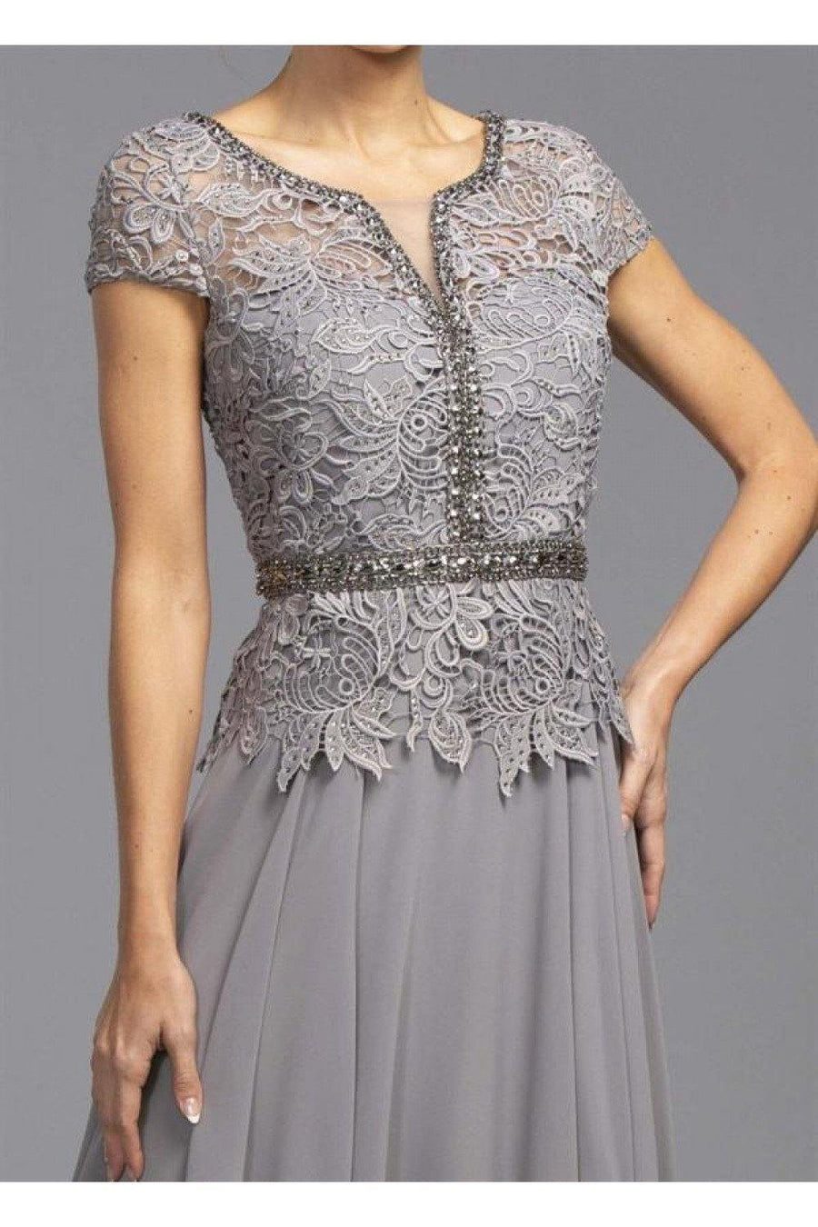 Short Sleeved Beaded A-Line Long Formal Dress Gray - The Dress Outlet ASpeed