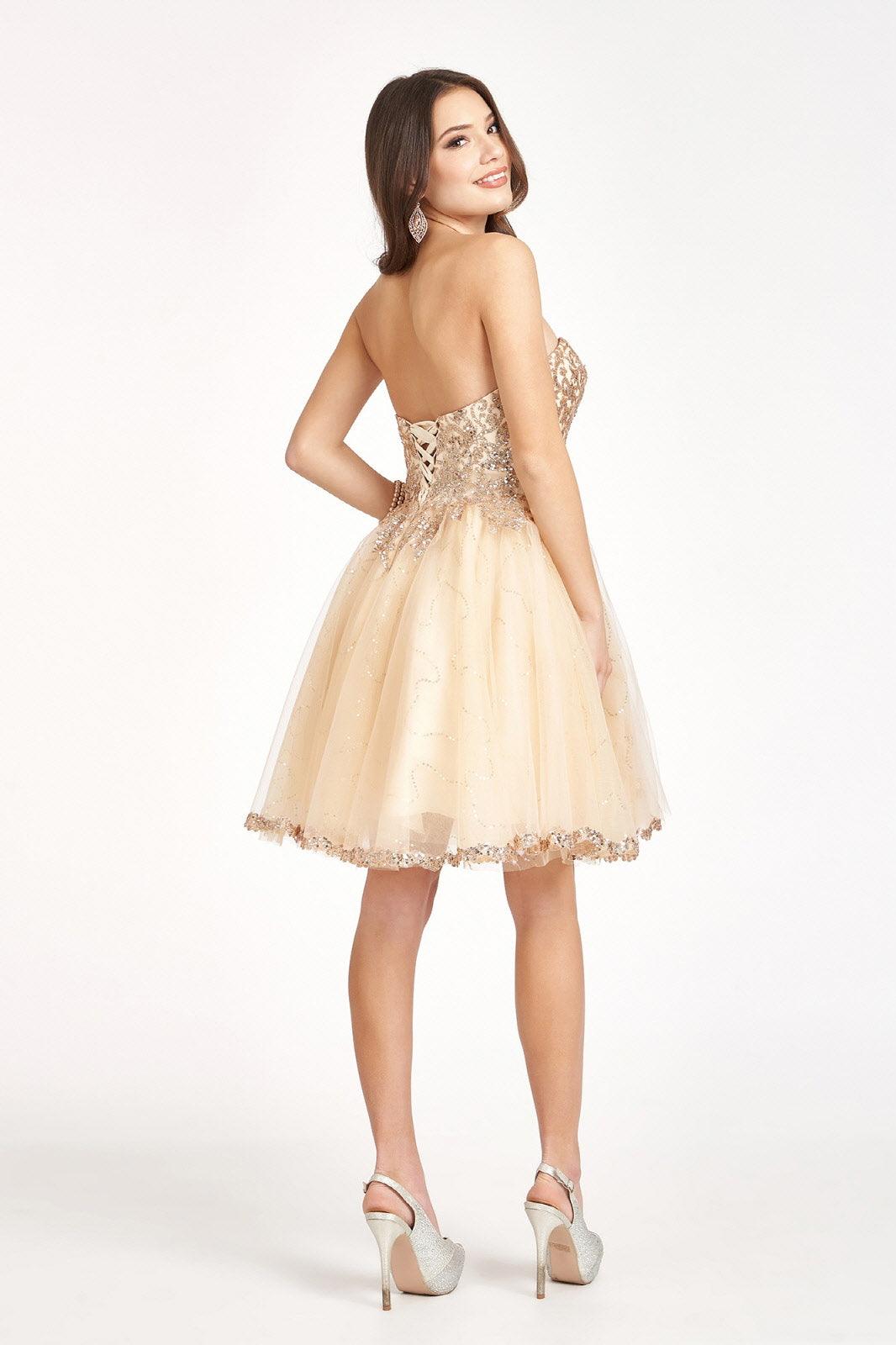 Short Strapless Homecoming Glitter Mesh Prom Dress - The Dress Outlet