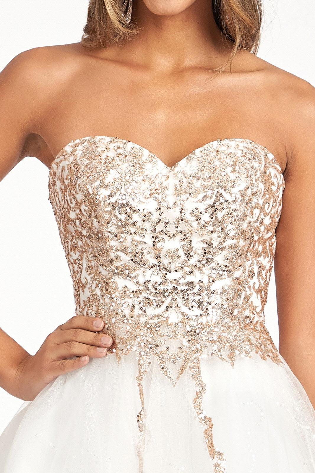 Short Strapless Homecoming Glitter Mesh Prom Dress - The Dress Outlet